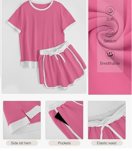 Conjunto de 2 Piezas para Mujer, Camiseta Casual de Manga Corta con Cuello Redondo y Pantalones Cortos con Cordón, Diseño Color Block, Estampado de Personajes, Secado Rápido y Transpirable - Product Image 5