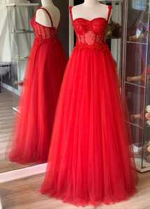 Sexy A-line vestido de novia sin mangas romántico encaje apliques tul vestidos de novia con bordado características antiestáticas para mujeres rojo - Product Image 3