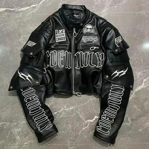 เสื้อแจ็กเก็ตสั้นสำหรับผู้ชายผ้าแคนวาสหนังแกะแท้ปักลายตัวอักษรหัวกะโหลกสไตล์รถจักรยานยนต์สไตล์เกาหลีไฮสตรีทแฟชั่น - Product Image 6