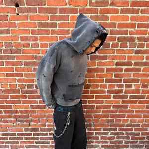 เสื้อฮู้ดดี้ผ้าฝ้ายเฟรนช์เทอร์รี่ 100% สไตล์สตรีทแวร์แบบทำสีซีดจาง ลุคดิสเทรส สำหรับผู้ชาย เหมาะสำหรับฤดูหนาว ล้างสีแบบแอซิดวอช - Product Image 2