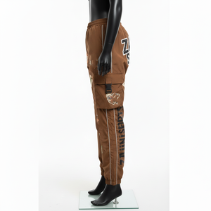 Pantalon coupe-vent pour femme, tissu en nylon léger de haute qualité 120 GSM, panneau utilitaire marron, logo thermocollé, pantalon coupe-vent - Product Image 3