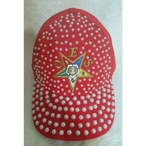 Gorra de béisbol roja OES personalizada con tachuelas de perlas y emblema de estrella bordado - Product Image 1
