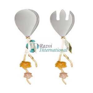 Juego de servidor dorado de lujo de metal de acero inoxidable, decoración hecha a mano, juego de cubiertos de servidor de ensalada de flor de cerezo de lujo - Product Image 6