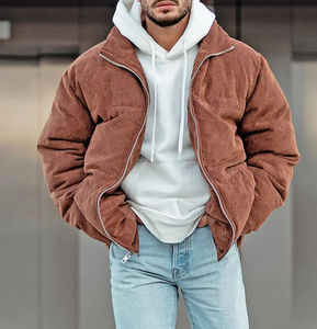 OEM Custom logo <b>Corduroy</b> Puffer Outerwear <b>Jackets</b> Men Stand Collar Loose Windproof Custom Warn Cotton Zip up Winter Brown - Product Image 3