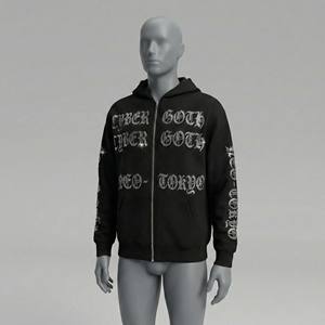 Y2K Streetwear Men Full <b>Zip</b> <b>Up</b> Rhinestone <b>Hoodie</b> Gothic Cyber Letter Graphic Oversized Sweatshirt <b>Black</b> Heavyweight Hoodies - Product Image 1