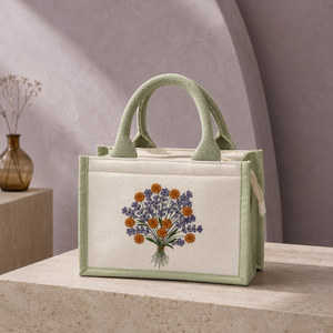 Wildflower Bouquet Embroidered Cotton Juco <b>Mini</b> Hamper <b>Bag</b> 9 x 6.5 x 4 Inch Sage Green Zipper Gift <b>Tote</b> - Product Image 6