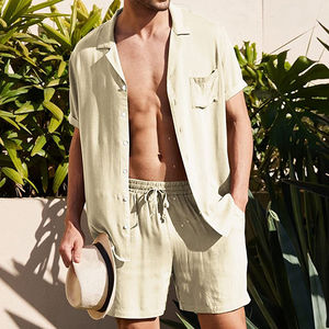 Conjunto de camisa de manga corta de lino para hombre al por mayor, cárdigan de algodón informal holgado de verano, conjunto de camisa y pantalones cortos con logotipo personalizado - Product Image 3