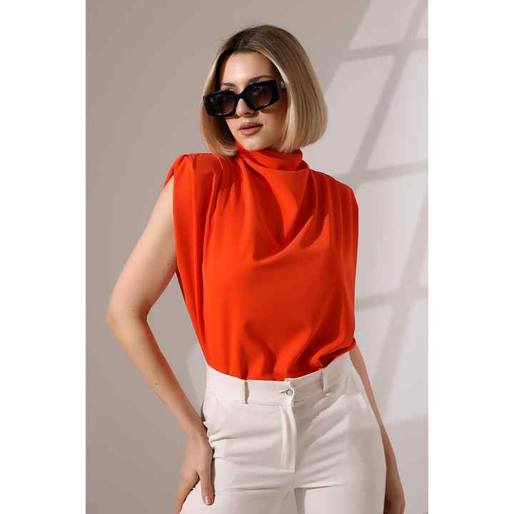 Women's Plunging Neckline Padded Shoulders and Loose Blouse