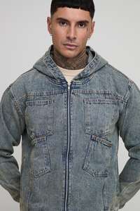 Men's 100% Cotton Denim Washed With Dual Pockets Zip Up High Street Style Hood <b>Jean</b> Denim Jacket For Men Custom Made - Product Image 2