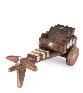 Ensemble de caboteur fonctionnel décoratif en forme de chariot de taureau en bois avec support sous-verres de boisson pour décor de table à café et à manger - Product Image 5