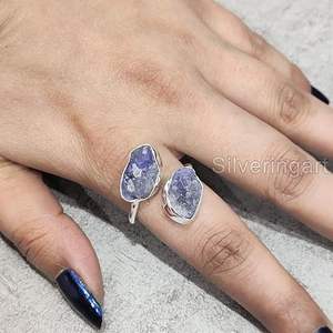Rough Women's <b>Ring</b> Natural Tanzanite December Birthstone Double Stone <b>Adjustable</b> <b>Ring</b> Handmade Jewelry 925 Sterling Silver <b>Ring</b> - Product Image 3