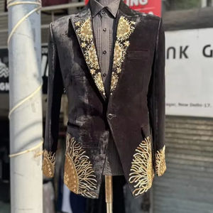 Traje de esmoquin de boda transpirable de talla grande con mezcla de seda de trabajo de cristal bordado a mano negro - Product Image 1