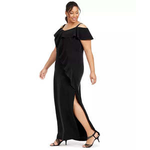 เดรสยาวทรงเข้ารูปผ้าเครปสำหรับผู้หญิงไซส์พลัส ยี่ห้อ Adrianna Papell สีดำ แต่งระบายช่วงไหล่ ดีไซน์เอวธรรมชาติ ไซส์ 18 - Product Image 3