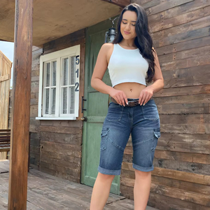 Jeans Capri Vintage con Tasche Cargo per Donne, Jeans Casual a Vita Alta con Risvolto e 5 Tasche - Product Image 1