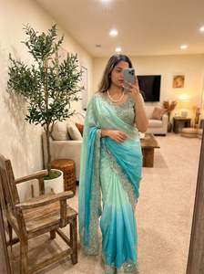 Sari de satén Fandy para mujer con bordado pesado de lentejuelas y trabajo de hilo Zari multicolor, con un hermoso borde festoneado. - Product Image 3