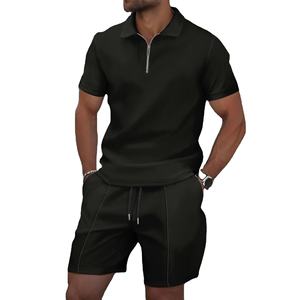 Men's Plus Size New Summer <b>Waffle</b> Short-Sleeve Suit Shorts Solid Color Zip-Up Lapel Two Sets - Product Image 3