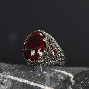 แหวนผู้ชายหินเพทายสีแดงหินธรรมชาติ925เงินแท้ - Product Image 1