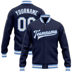 Vente en gros dans l'industrie directe Bomber décontracté hiver personnalisé bleu marine blanc-bleu clair veste Letterman universitaire à snap complet - Product Image 1