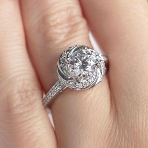 Round Cut Moissanite Floral Shape <b>Sterling</b> <b>Silver</b> Prong <b>Set</b> Engagement <b>Ring</b> for Women - Product Image 2