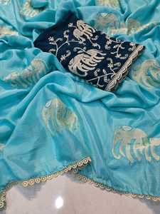 Chinon estilo tradicional elefante bordado trabajo Saree blusa viscosa fiesta para Pooja Diwali boda Sadi Sari funciones - Product Image 3