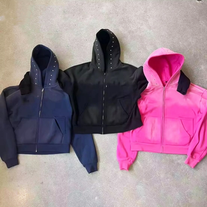 Personnalisé Heavy Cotton Boxy Oversize Hommes Cropped Full Zipper Rhinestone Hoodie Full Zip Us Thermal hoodies 100% Cotton - Product Image 6