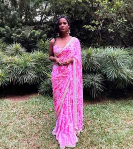 Sari Georgette liso Original impreso Digital con encaje de espejo y encaje Kodi Real, ropa de mujer de fiesta de Bollywood indio - Product Image 1