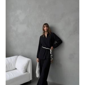 Mybeefashion Women's Elegant Black Belt Detail Two-Piece Set with Long Sleeve Shirt and Full Length <b>Trousers</b> for Casual or - Product Image 2