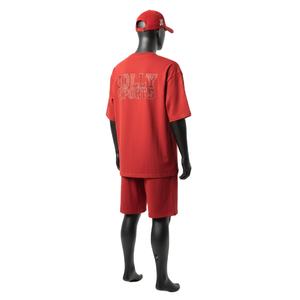 Men <b>Shirt</b> and Short Set Premium 180 GSM Cotton Jersey Fabric Red Color Rhinestone Heat <b>Press</b> Custom Logo Men's Jogging Short Set - Product Image 5