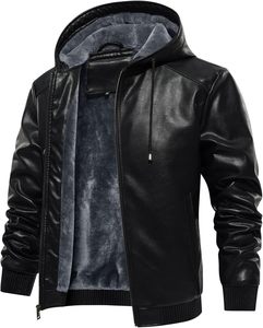 Nouvelle veste à capuche en cuir noir pour hommes veste de moto zippée doublée Sherpa style décontracté avec caractéristiques de la saison d'hiver - Product Image 2