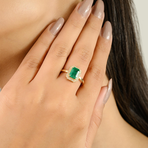 Productos de Venta caliente 14K oro amarillo sólido Octágono corte esmeralda y Diamante piedra preciosa natural Halo anillo personalizado joyería a granel - Product Image 4