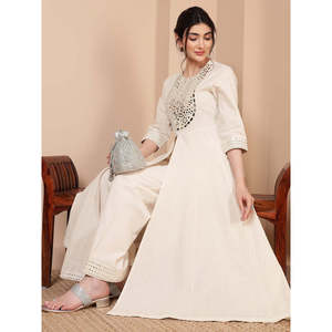 DEEBACO Mirror Embroidered Neck Patch Solid Cotton Long Anarkali Kurta Palazzo Co-ord <b>Set</b> Women's Stylish Front Slit Breathable - Product Image 1