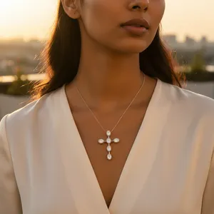 Pendentif croix plaqué rhodium blanc/or/or rose avec zircone cubique/diamant/perle pour bijoux cadeau femme - Product Image 2