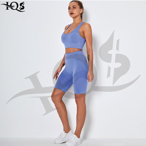 HQS Women's 2 Piece Yoga Set Solid <b>Blue</b> Ribbed Sports <b>Bra</b> High Waist Shorts Seamless Breathable Lightweight Four-Way Stretch - Product Image 2