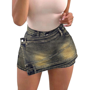 Jupe Portefeuille Croisée en Jean pour Femme, Mini-Jupe Courte Asymétrique Sexy à Taille Haute Style Y2K, Gris Délavé - Product Image 5