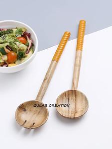 Ensemble de saladiers en bois d'acacia avec poignées en résine sculptées en spirale, écologiques, lavables au lave-vaisselle, ustensiles de cuisine pour mélanger - Product Image 4