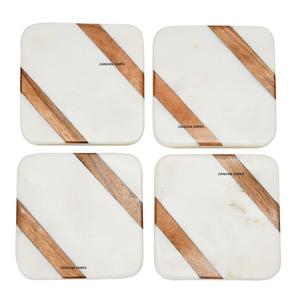 Elegante juego clásico de 4 posavasos cuadrados de mármol blanco y madera de acacia para mesa de centro Bar decoración del hogar - Product Image 1