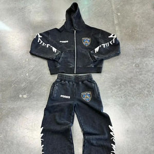 <b>Black</b> Acid Washed Full <b>Zip</b> <b>up</b> Vintage Distressed Stone Wash Streetwear Sweatsuit Flared Sweatpants and <b>Hoodie</b> Set Men Tracksuits - Product Image 1