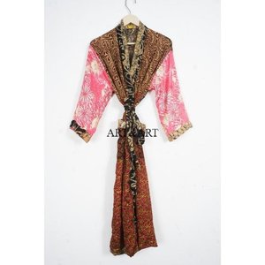 Handmade Beautiful Pure <b>Silk</b> Sari Kimono Robe Light Weight Vintage Elegant Luxury Soft Indian Sleepwear - Product Image 6