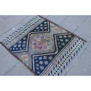 Tapis turc vintage 3,5x2,8 pi (106x86 cm), tapis oriental en laine bleue - Product Image 3