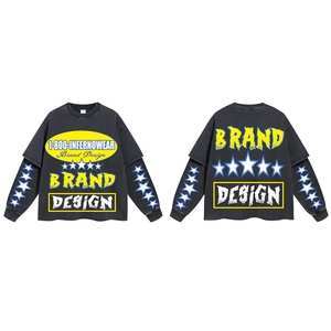Camiseta personalizada de alta calidad con estampado de dos piezas simulado, camiseta de manga larga de doble capa Vintage rasgada de algodón para hombres - Product Image 2