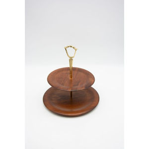 Soporte para pasteles de 2 niveles Soporte para pasteles de madera Premium con mango de metal dorado para el hogar Cocina Soporte para servir pasteles de mesa al precio más bajo - Product Image 1