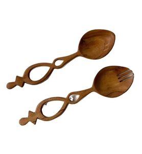 Ensemble de serveurs à salade de couleur marron et noir en bois et résine - Product Image 6