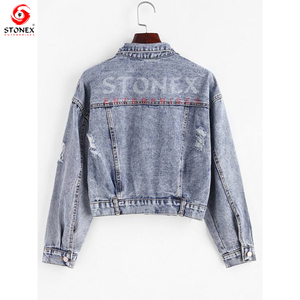 Azul rasgado desgastado otoño moda Casual abrigos cortos otoño señoras recortadas algodón lentejuelas Denim Jean chaquetas personalizadas mujeres - Product Image 2