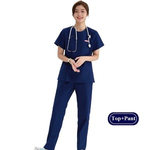 Uniforme médical infirmière gommage ensembles femmes hommes fermeture éclair basique Pro 2 pièces haut cordon pantalon chiné allaitement mince tunique 205 - Product Image 2