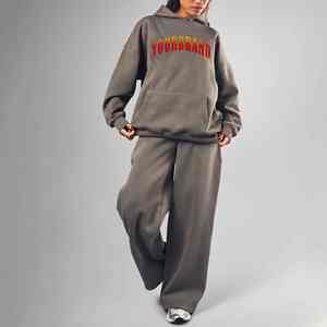 Ensemble de survêtement pour femme de haute qualité, couleur unie, épaules tombantes, 100% coton, 2 pièces, décontracté et streetwear, OEM - Product Image 6