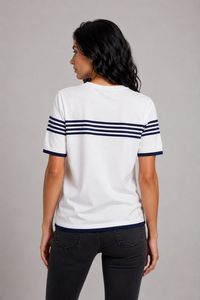 T-shirt en tricot pour femme, haut en tricot rayé, haut en tricot à col rond, pull en tricot à manches courtes, haut en tricot d'été, haut en tricot léger - Product Image 2