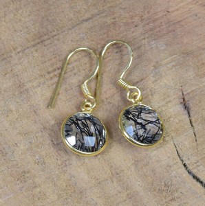 <b>Black</b> Rutilated Quartz <b>Earring</b> Sterling Silver with <b>Gold</b> Overlay Handmade Gemstone Jewelry Gift for Her - Product Image 1