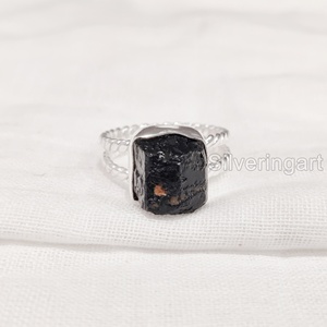 Joyería de piedra cruda para mujer anillo de turmalina negra Natural piedra preciosa octubre piedra natal giro doble banda fiesta 925 anillo de plata esterlina - Product Image 3