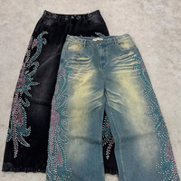 Boy Vintage güneş soluk mavi Baggy düğme kapatma Unisex Rhinestone sıkıntılı erkekler Denim pantolon Flare Staight bacak kot