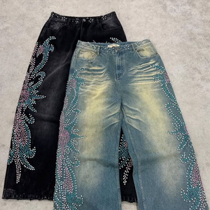 Oversized Vintage Sun Faded <b>Blue</b> Baggy Button Closure Unisex Rhinestone Distressed Men Denim Pants Flare Staight Leg Jeans - Product Image 1
